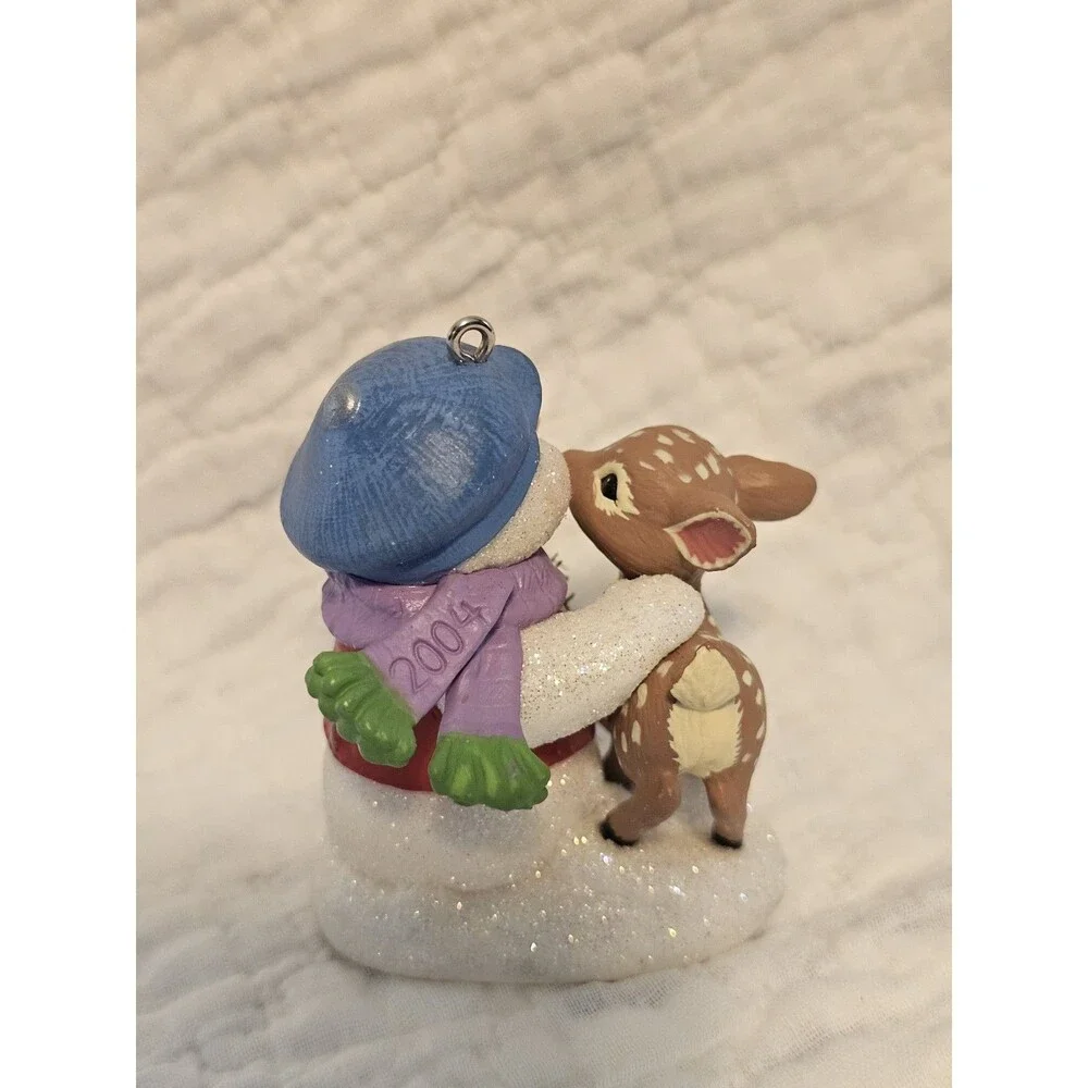 Hallmark 2004 Snowman & Deer Christmas Hanging Ornament Multicolor Plastic Vtg